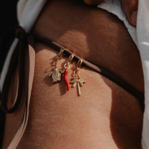 Charms dorés pour maillot de bain en acier inoxydable représentant un palmier, une tortue, un piment et un coquillage.
