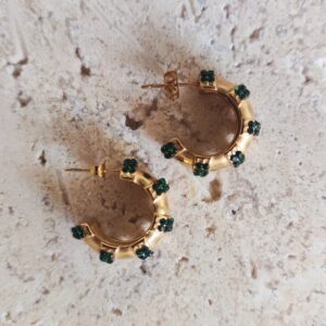 Gold hoop earrings with green gemstone clusters, resting on a light textured surface.