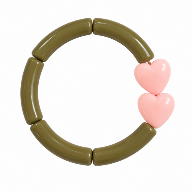 Bracelet Fanny élastique avec perles tubes kaki et deux cœurs roses en résine